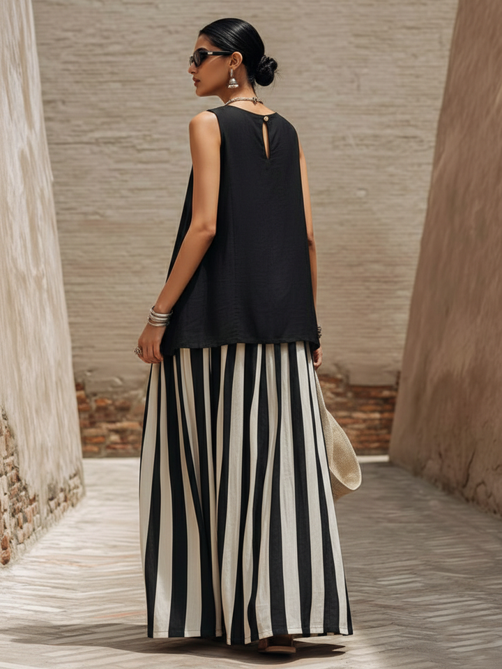 Women's Sleeveless Linen Tunic Top and Striped Maxi Skirt Set
