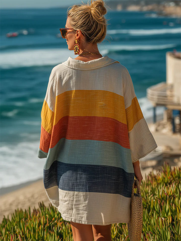Women's V-Neck Wide Sleeve Striped Linen Beach Mini Shirt Dress