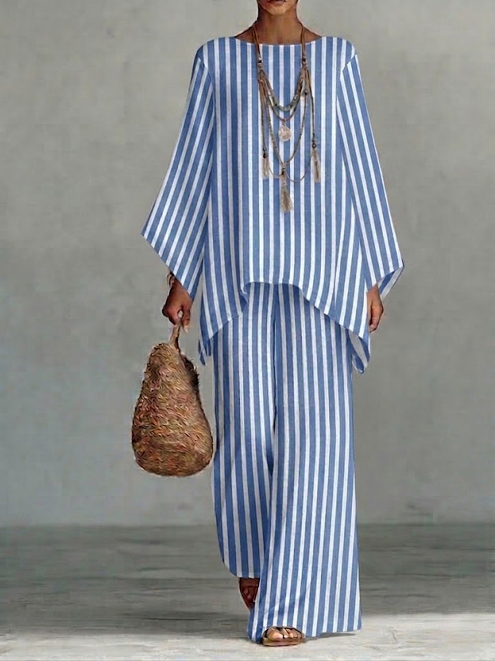 Women's Linen Two Piece Set Striped Batwing Sleeve Top and Wide Leg Trousers