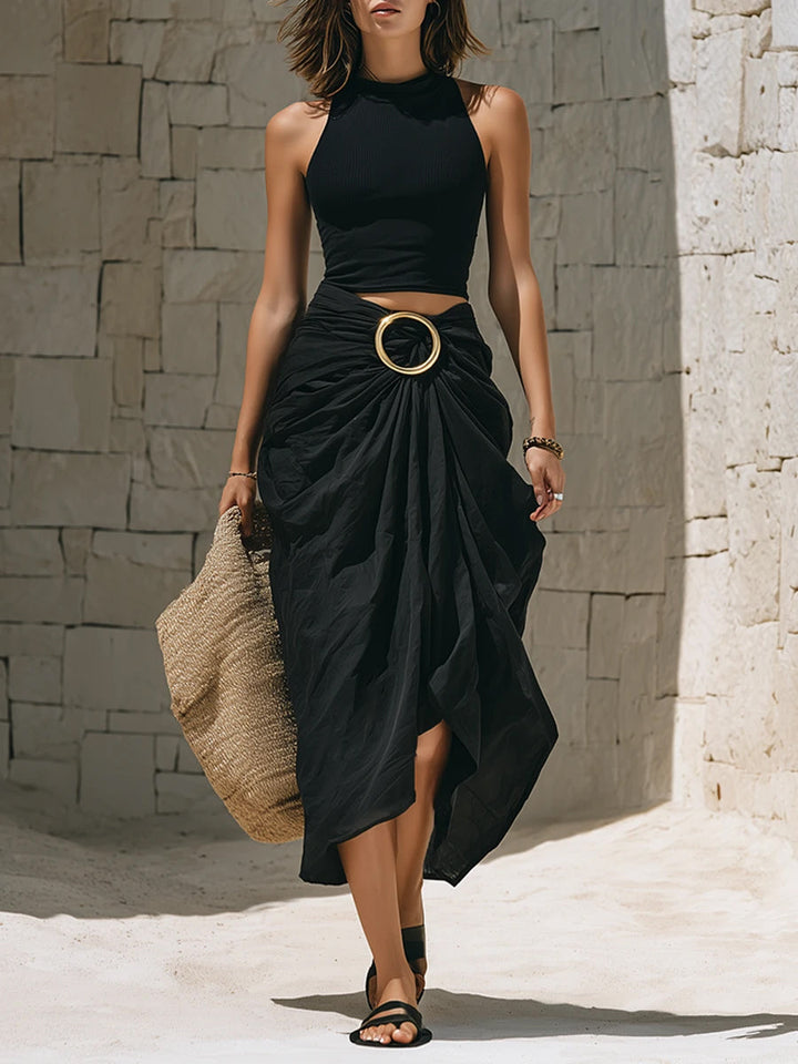 Women's Linen Blend Two Piece Crop-Top & Maxi Skirt Set