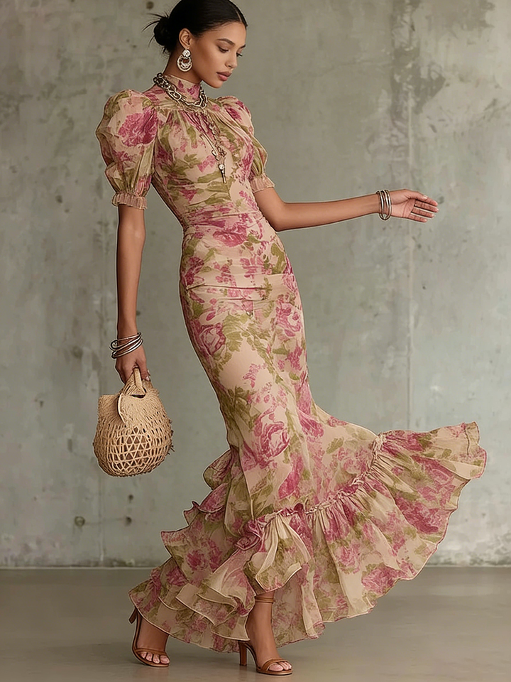 Women's Chiffon Floral High Neck Puff Sleeve Mermaid Maxi Dress
