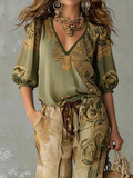 Women's Linen V-Neck Shirt Bohemian Retro Printed Loose Half Sleeve Top