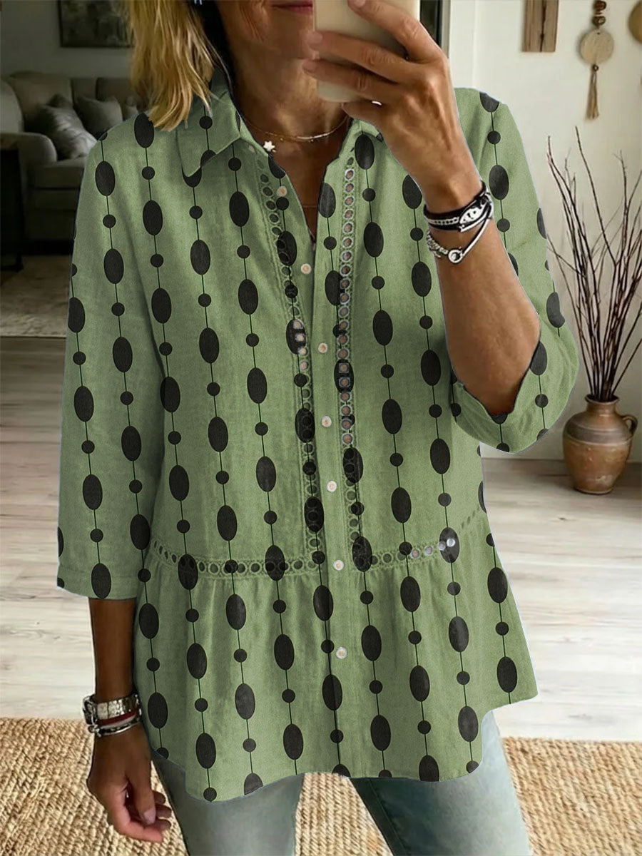 Women's Linen Blouse Geometric Print Button Up Shirt
