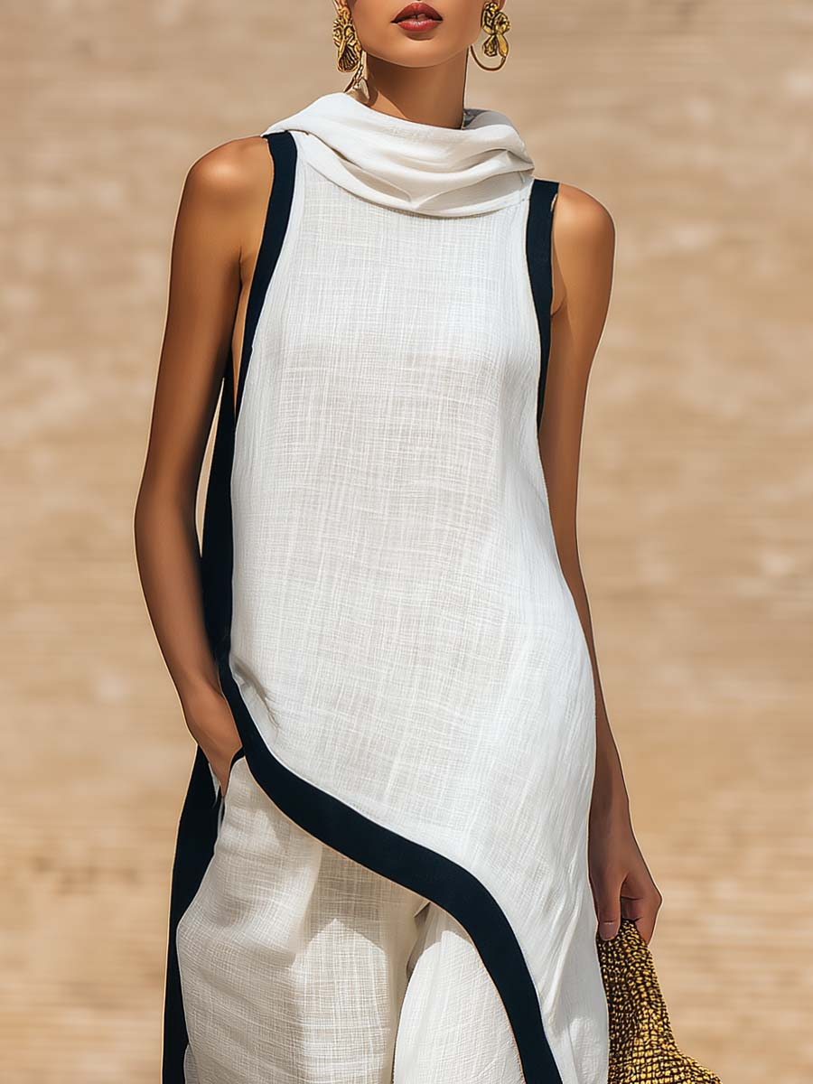 Women's Linen Sleeveless Hooded Knit Maxi Dress Two Piece Set