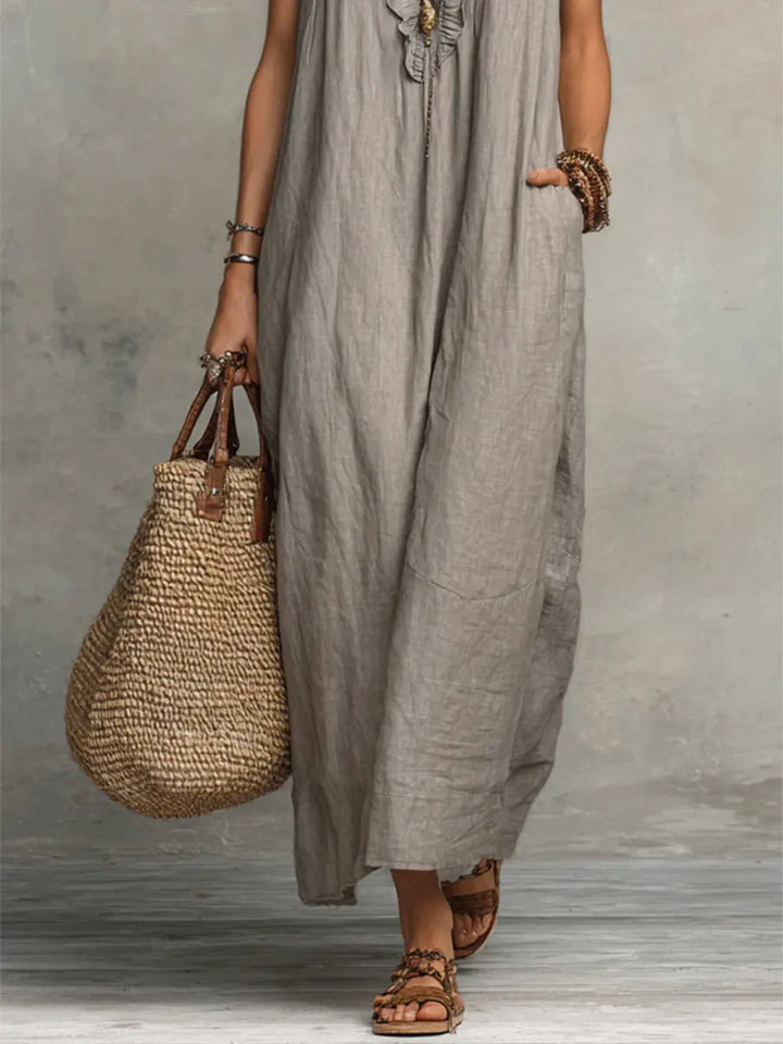 Women's Linen V-Neck Sleeveless Kaftan Boho Maxi Dress