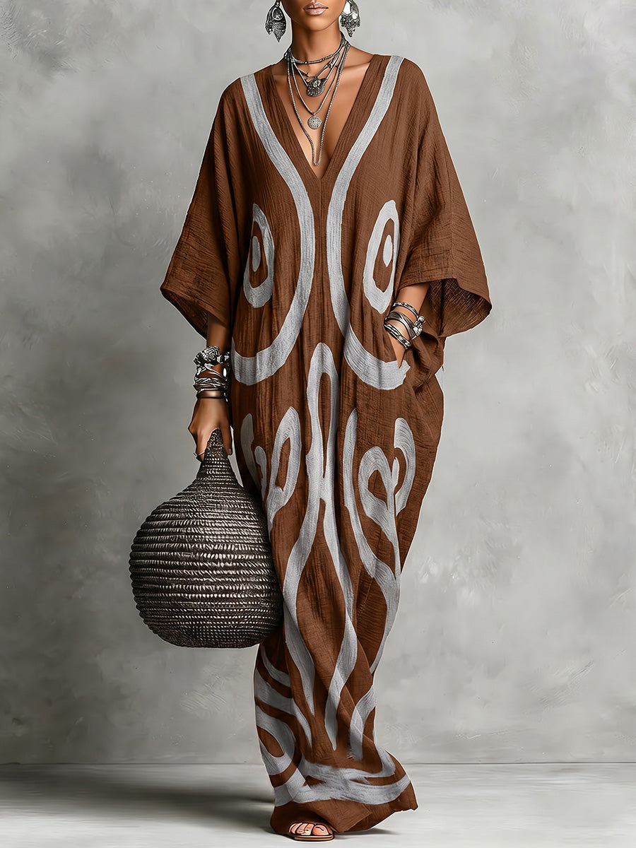 Women's Linen Kaftan V-Neck Maxi Dress