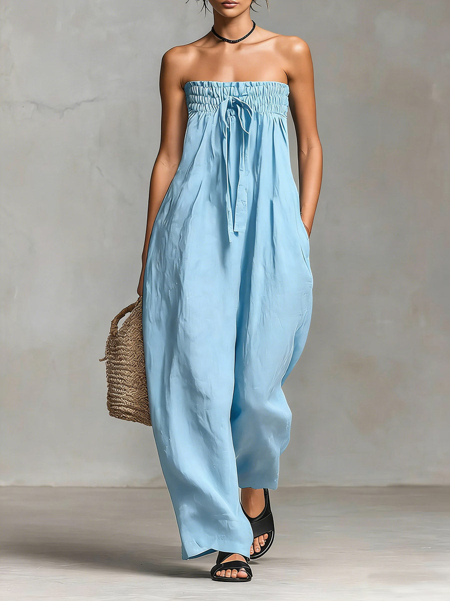 Women's Linen Strapless Wide Leg Jumpsuit