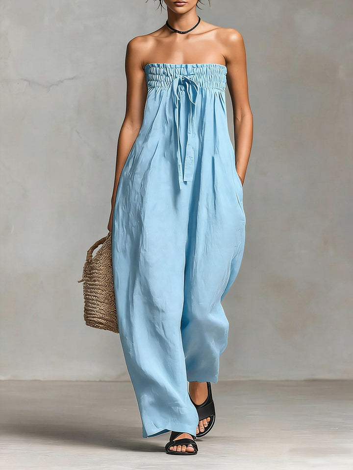 Women's Linen Strapless Wide Leg Jumpsuit