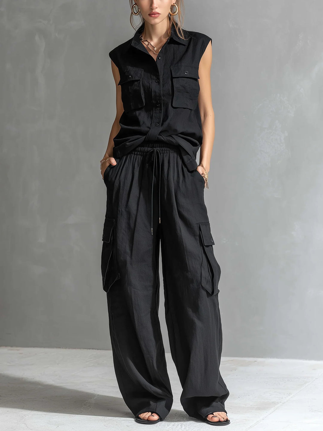 Linen Two Piece Cargo Set Women's Sleeveless Shirt and Wide Leg Trousers Co-ord