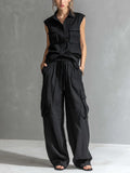 Linen Two Piece Cargo Set Women's Sleeveless Shirt and Wide Leg Trousers Co-ord