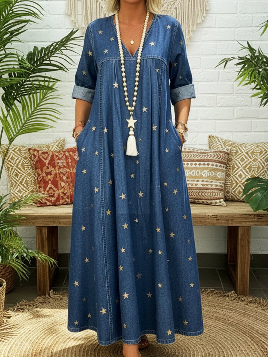 Women's Long-Sleeve Denim V-Neck Maxi Dress