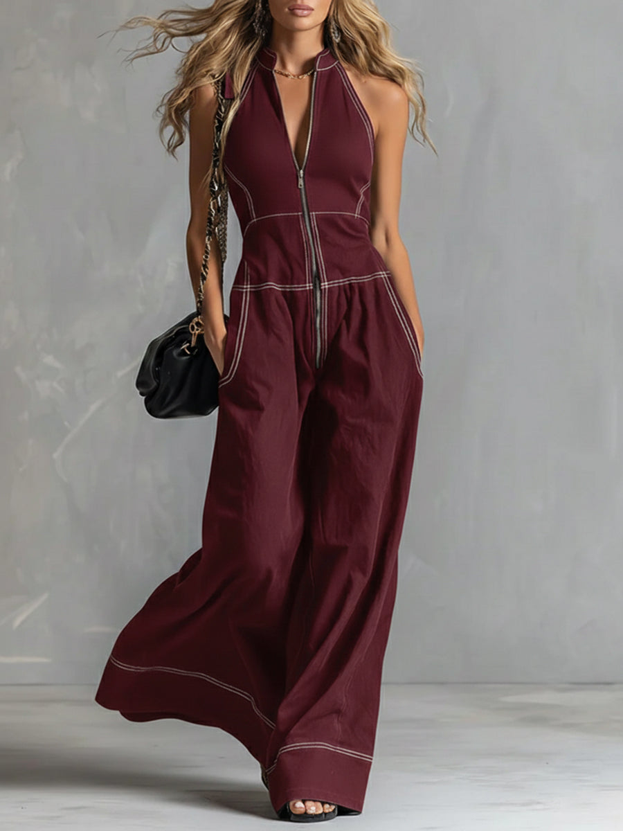Women's Denim Jumpsuit Sleeveless V-Neck Wide Leg Jean Romper One-Overalls