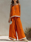 Women's Linen Two-Piece Vacation Set Square-Neck Top & Wide Leg Pants