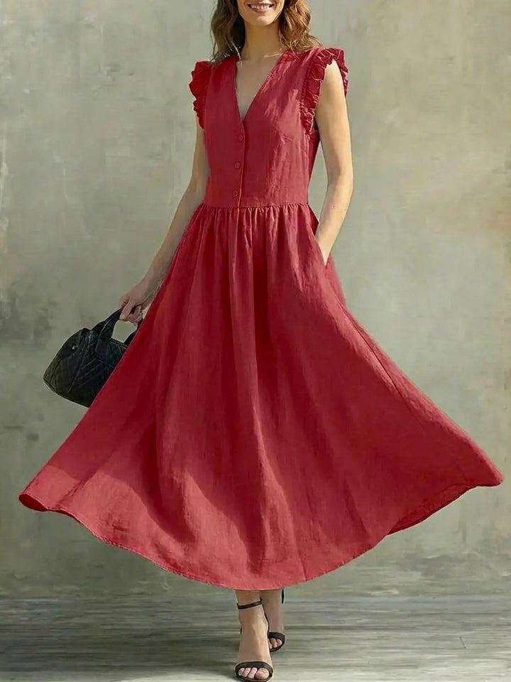 Women's Linen Maxi Dress V-Neck Ruffle Sleeve A-Line Sun Dress