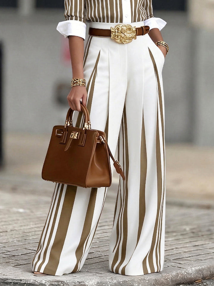 Women's Linen High Waisted Wide Leg Striped Trousers