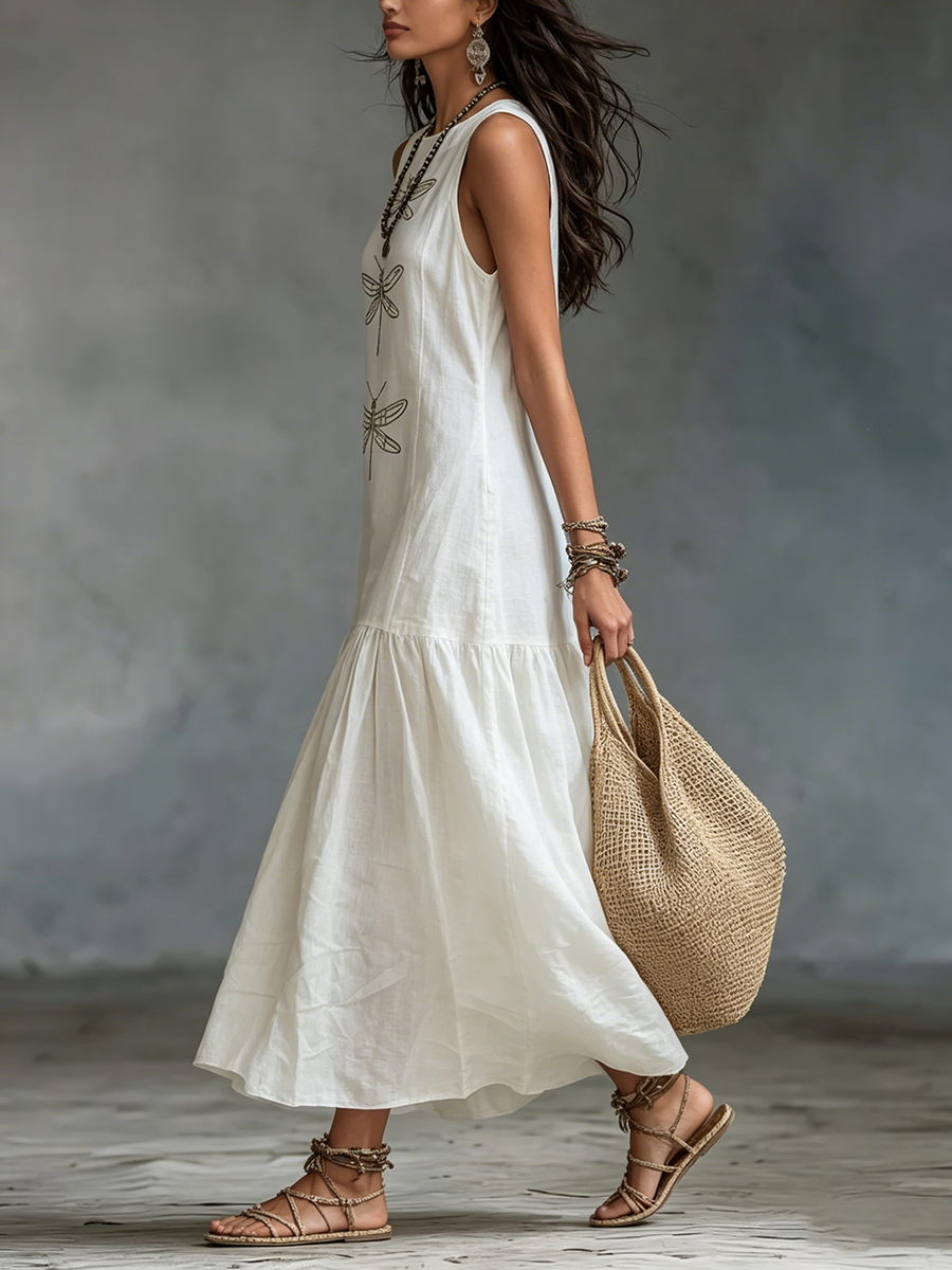 Women's Crew Neck Sleeveless Dragonfly Print Boho Linen Maxi Sundress
