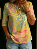 Women's Linen Blouse Abstract Print V-Neck Tunic Top