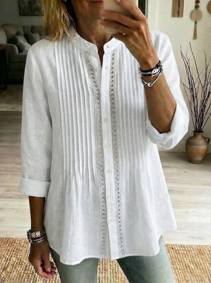 Women's Linen Blend Pleated Tunic Shirt Henley Blouse