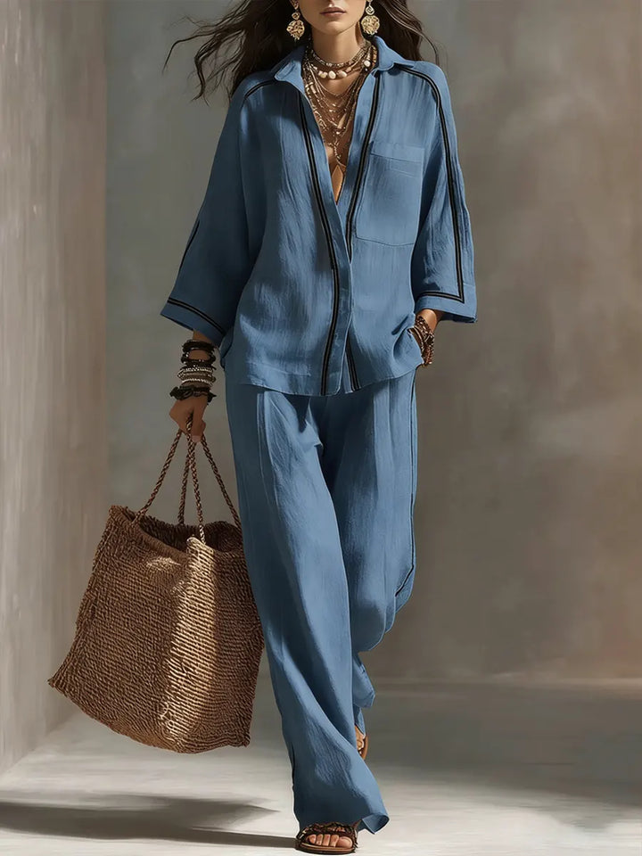 Women's Linen Two Piece Set Wide Leg Trouser Suit Casual Outfit
