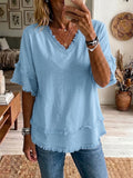 Women's V-Neck Short Sleeve Linen Blouse Top