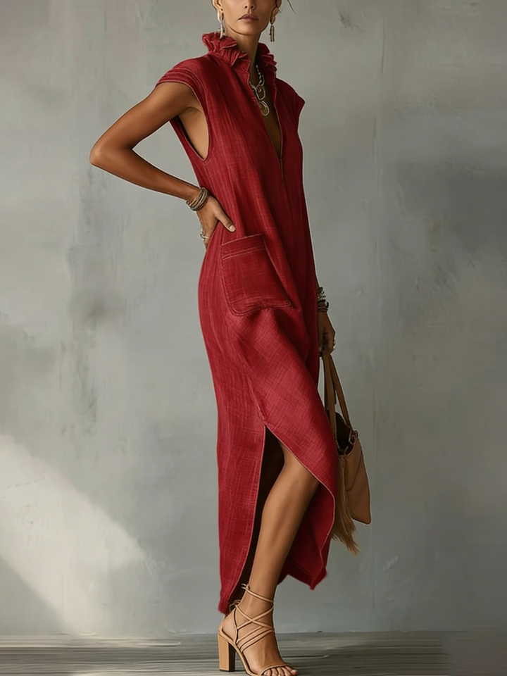 Women's Linen V Neck Ruffle Maxi Dress Sleeveless Kaftan Boho Long Dress