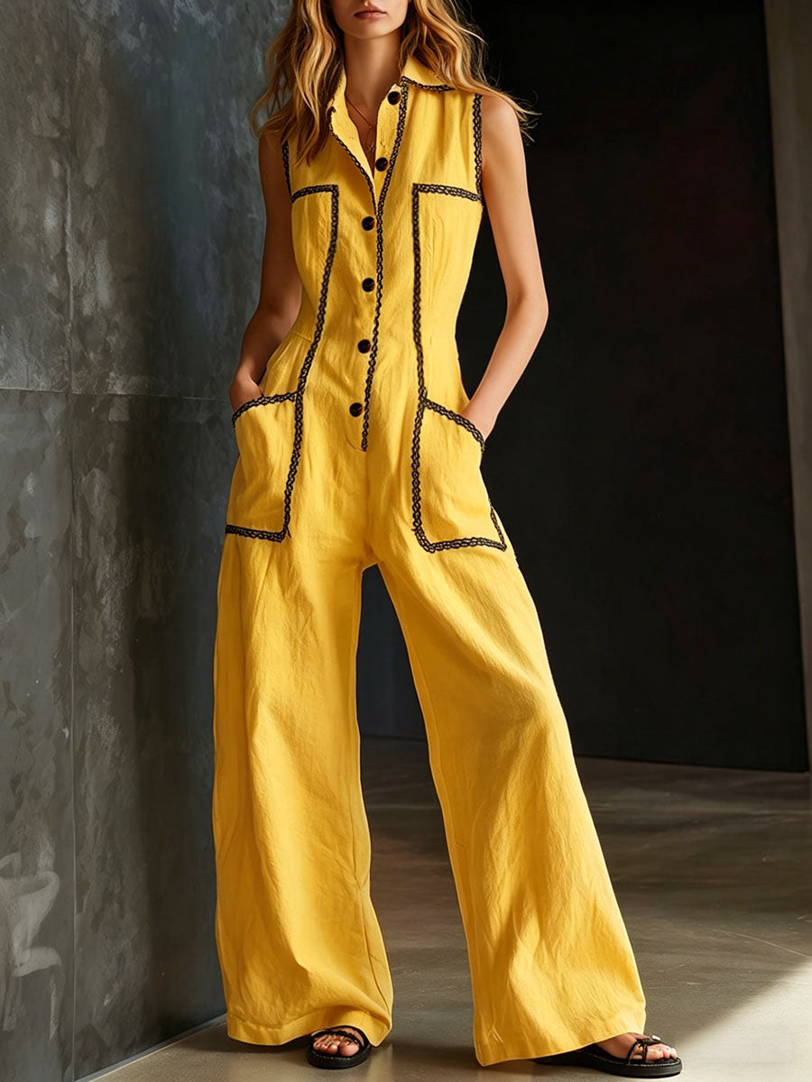 Women's Linen Wide Leg Sleeveless Jumpsuit One Piece Overalls