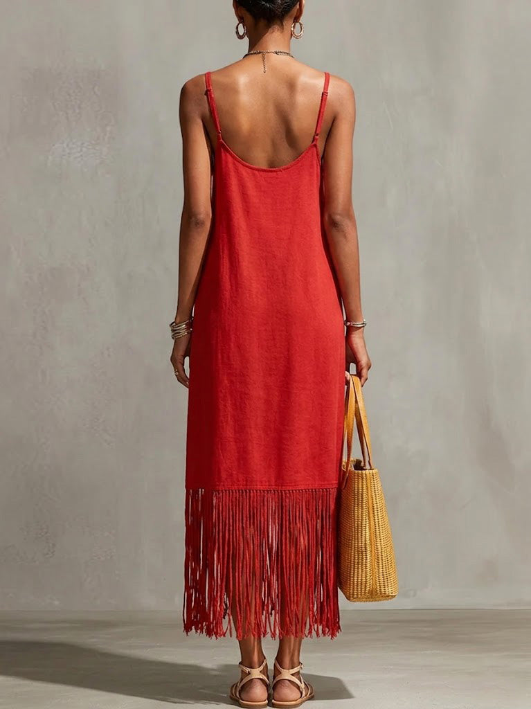 Women's Linen Maxi Dress Fringe Hem Sleeveless V-Neck Sundress