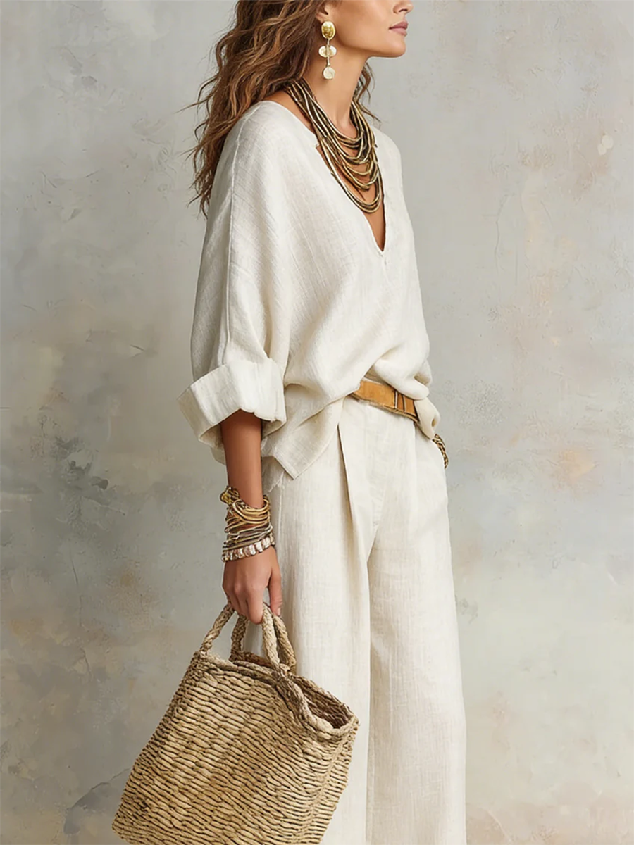 Women's Linen Wide Leg Trousers and V-Neck Top Set