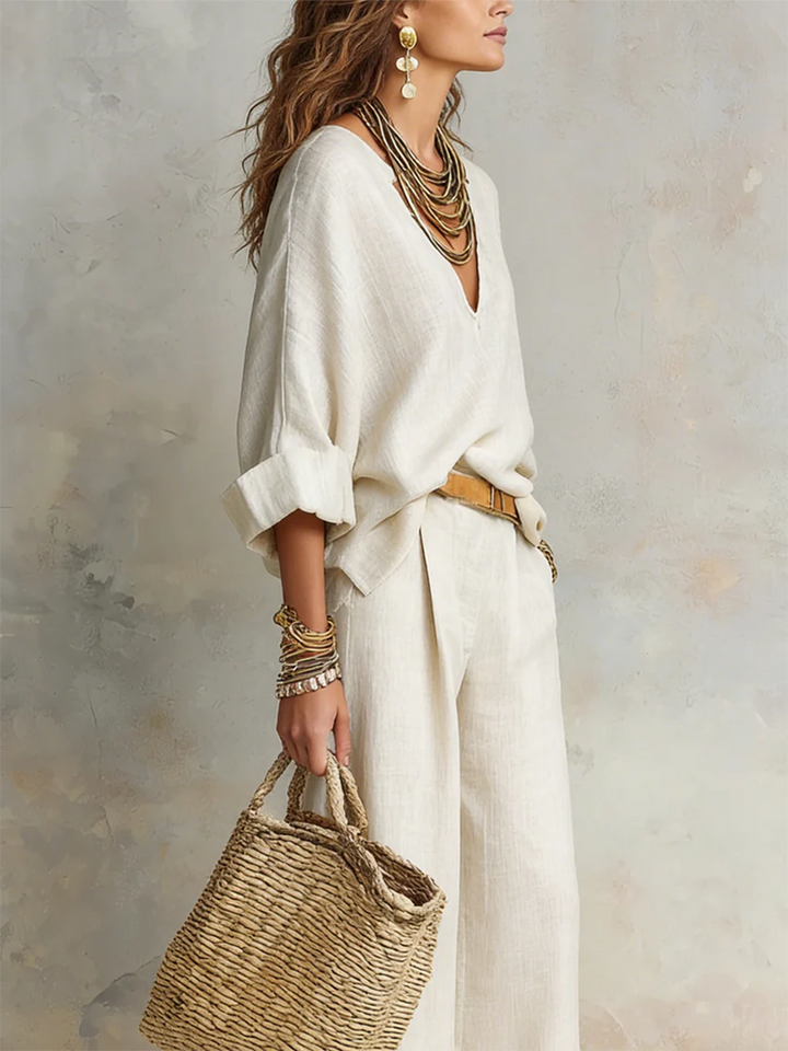Women's Linen Wide Leg Trousers and V-Neck Top Set