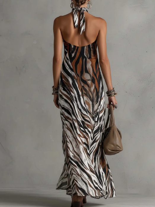 Women's Silk Zebra Print Halter Neck Maxi Dress