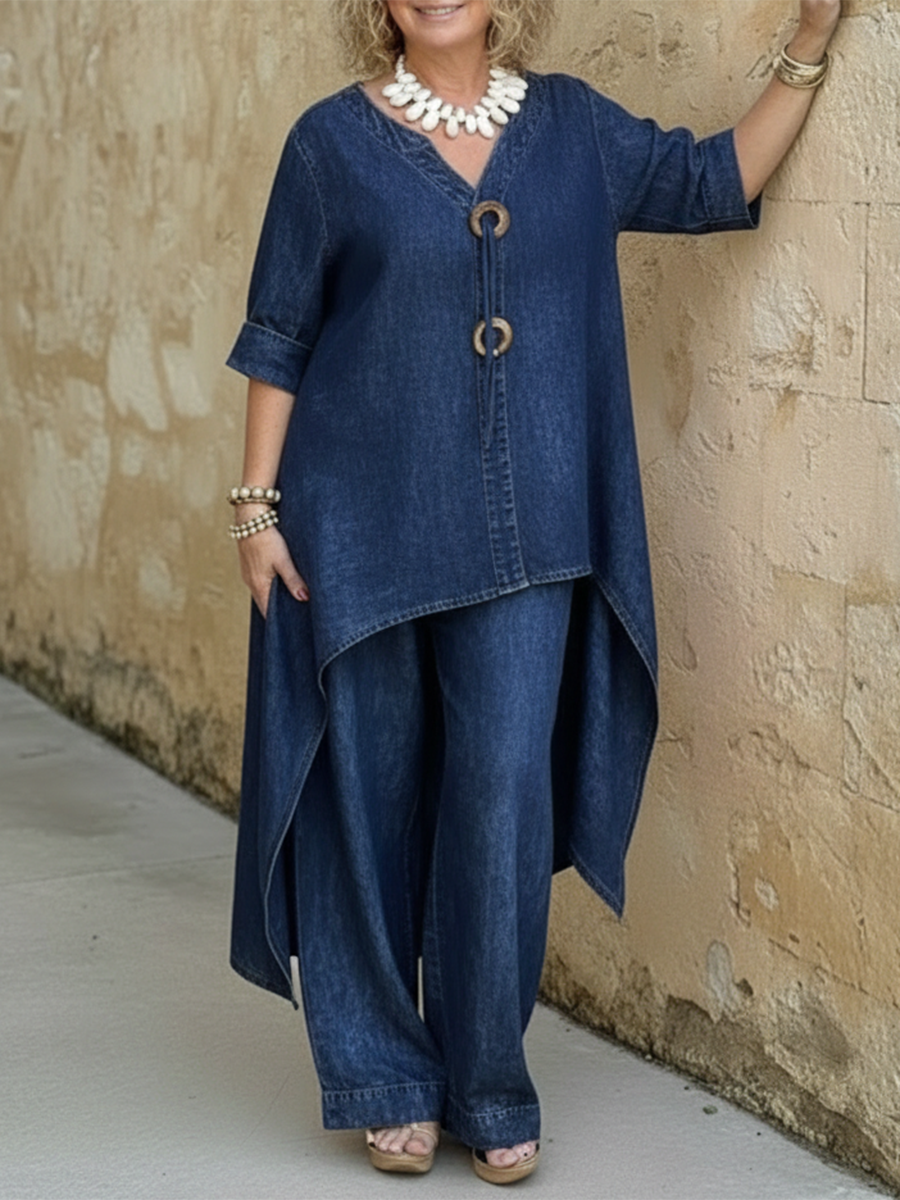 Women's Linen Two Piece Set High Low Tunic and Wide Leg Trousers