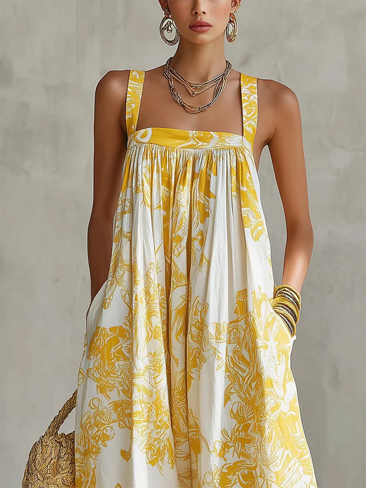 Women's Linen Floral Square-Neck Sleeveless Maxi Dress