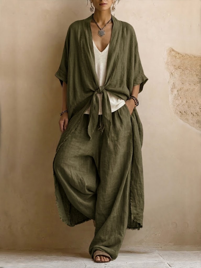 Women’s Linen Two Piece Set Wide Leg Trousers and Tie Front Kimono Top