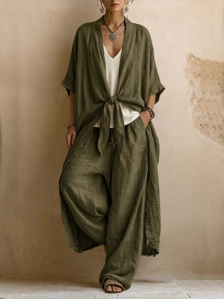 Women’s Linen Two Piece Set Wide Leg Trousers and Tie Front Kimono Top