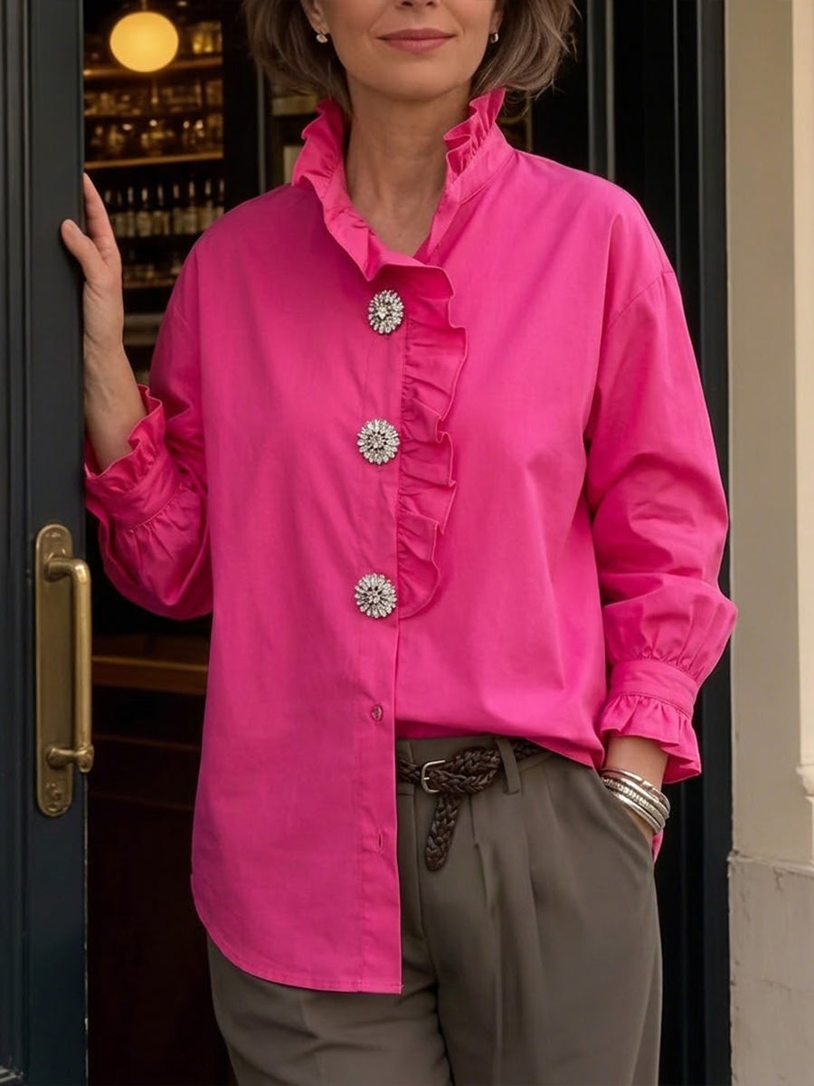 Women's Linen Ruffle Blouse Long Sleeve Oversized Casual Button Up Shirt