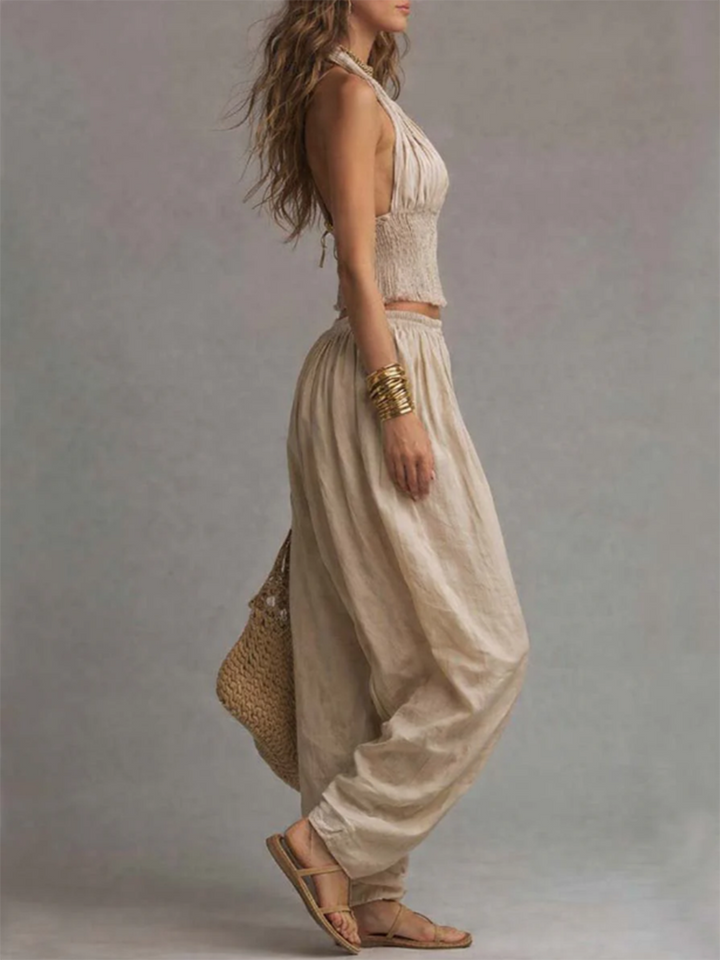 Women's Linen Halter Neck Top and Harem Trousers Two Piece Set
