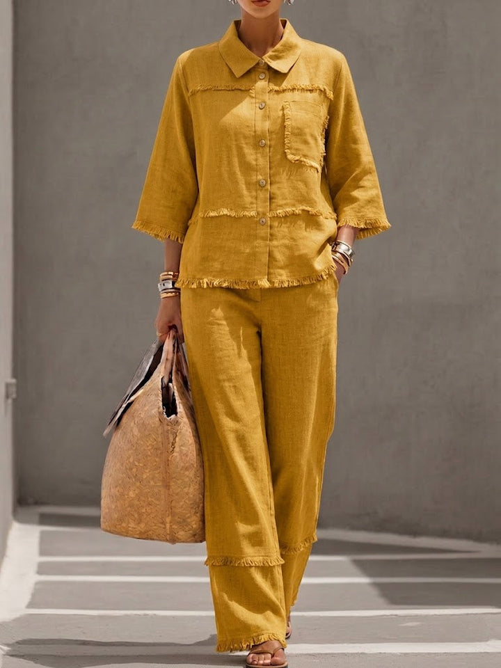 Women's Two Piece Linen Set Wide Leg Trousers and Button Down Shirt