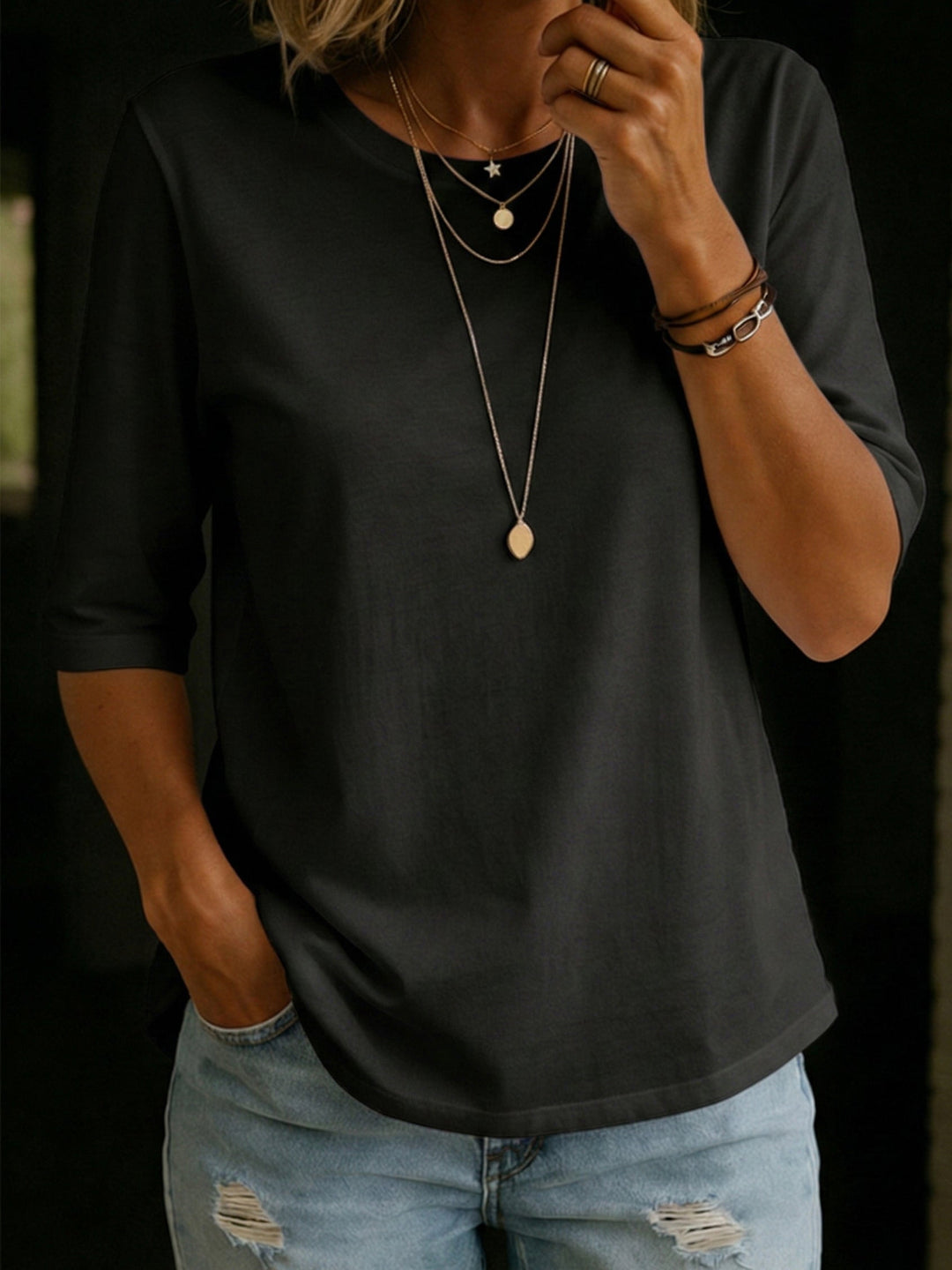Women's Crew Neck 3/4 Sleeve T-Shirt Relaxed Fit Top