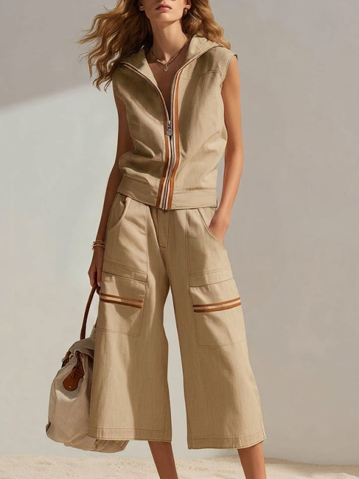 Women's Sleeveless Hoodie and Wide Leg Cropped Trousers Set