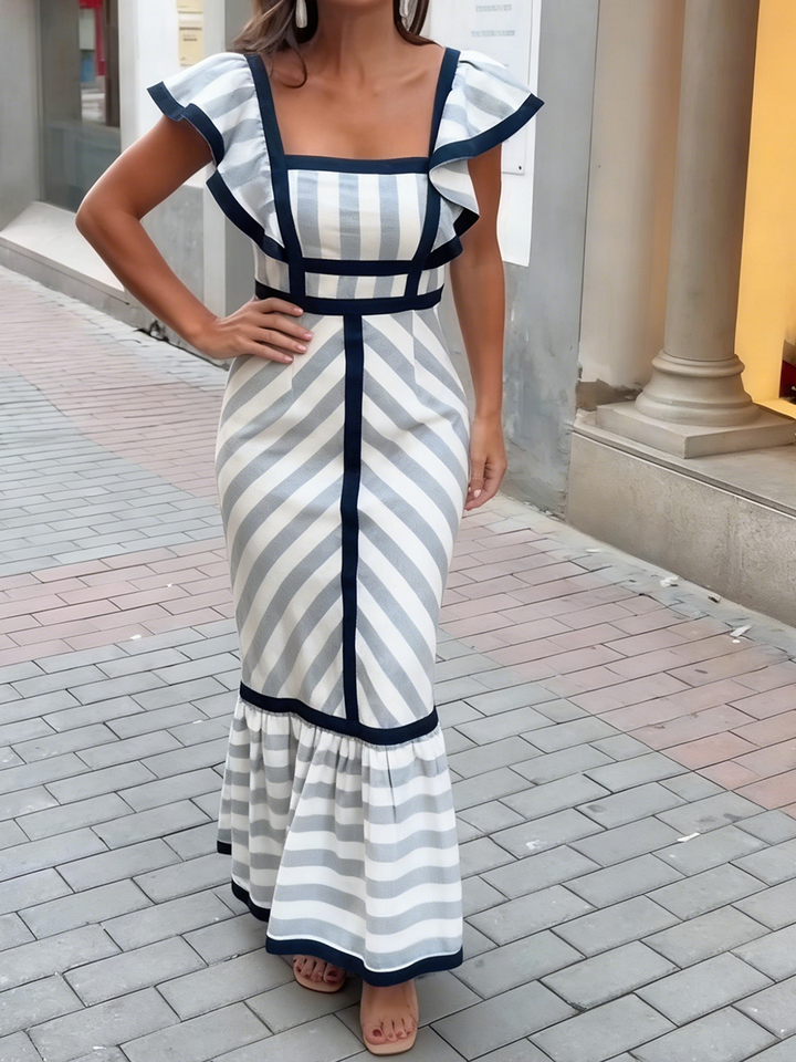 Women's Linen Blend Striped Square Neck Ruffle Maxi Dress