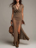 Women's Knit Wool Mix Cowl Neck Maxi Dress With Side Slit