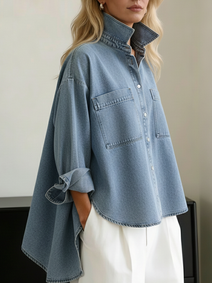 Women's Denim Shirt High Low Loose Blouse Top
