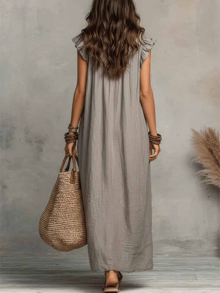 Women's Linen V-Neck Sleeveless Kaftan Boho Maxi Dress