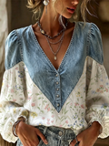 Blouse pour femme en denim à imprimé floral, manches longues bouffantes et col en V
