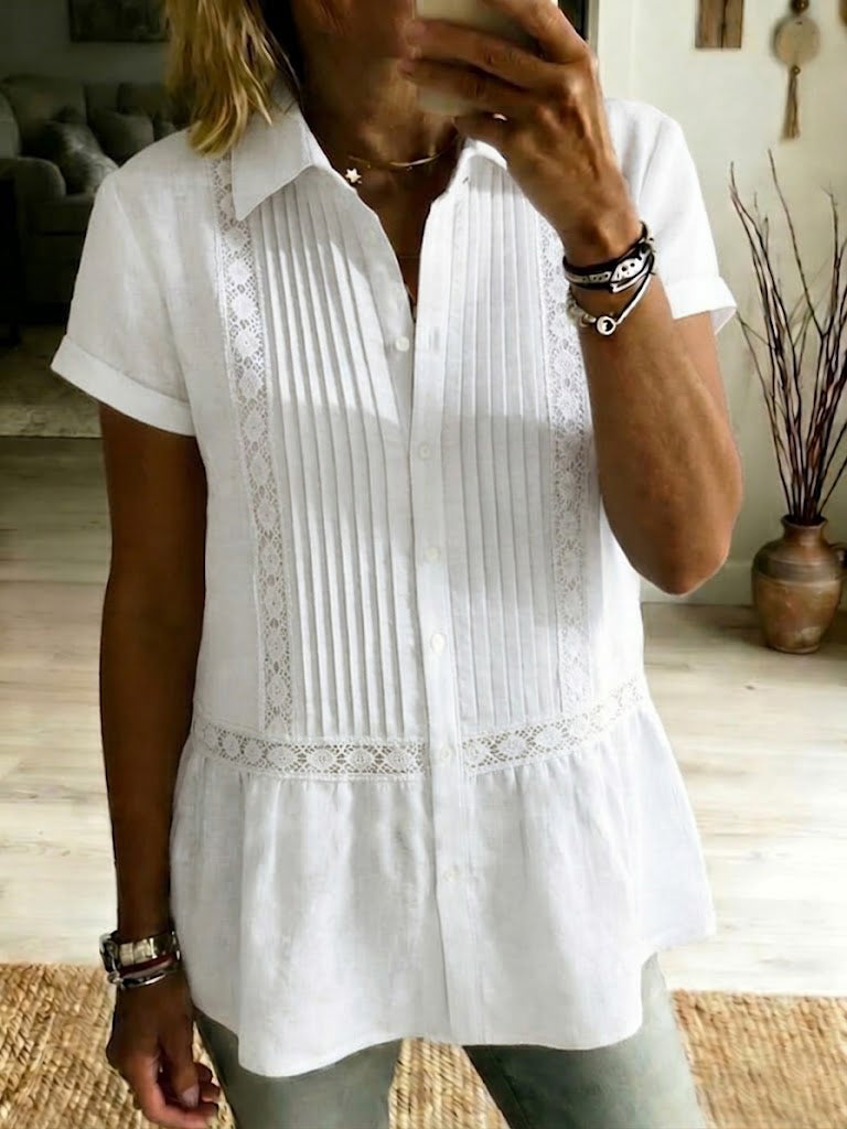 Women's Linen Peplum Blouse Short Sleeve Button Down Shirt