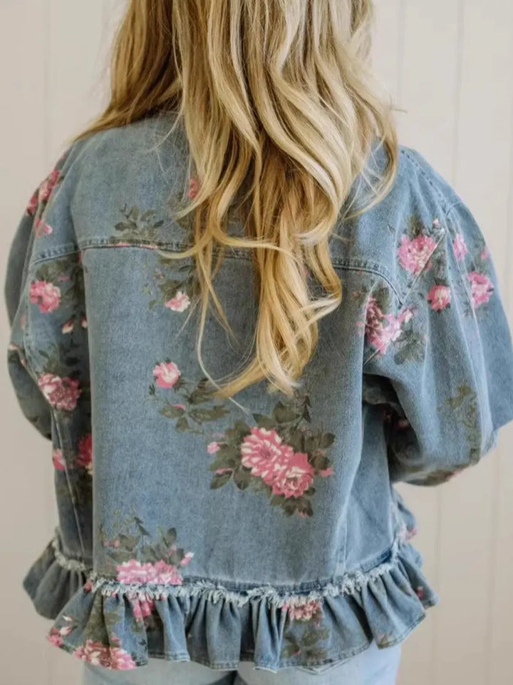 Women Denim Embroidered Ruffle Jacket