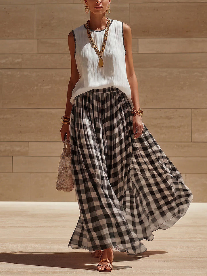 Women's Linen Gingham Sleeveless Top and High Waist Maxi Skirt Set