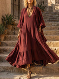 Women's Boho V-Neck Linen Long Sleeve Flowy Maxi Dress