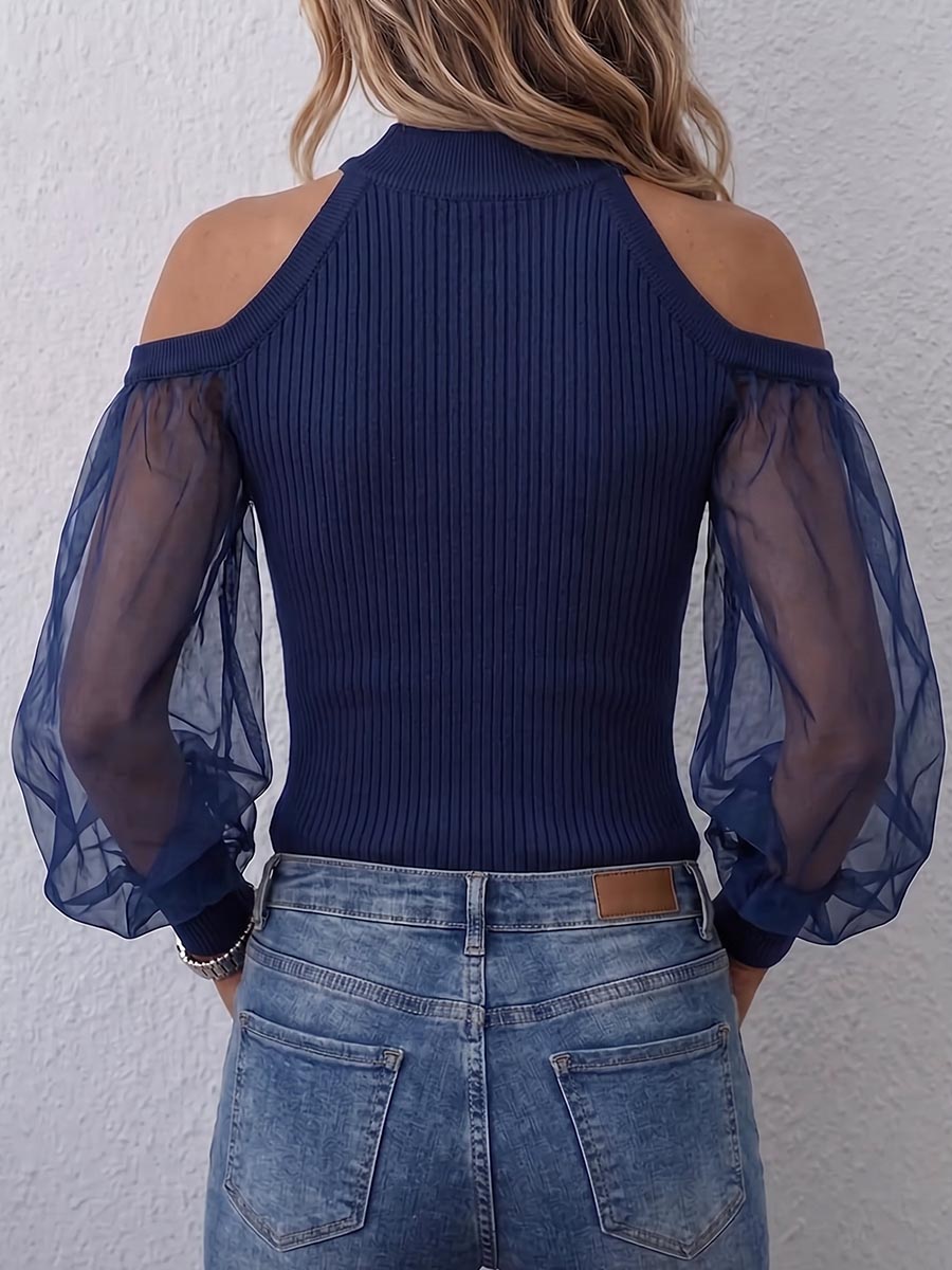 Pull côtelé à épaules dénudées pour femme avec manches en maille transparente
