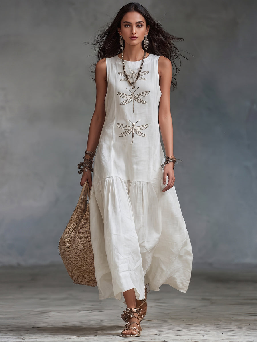 Women's Crew Neck Sleeveless Dragonfly Print Boho Linen Maxi Sundress